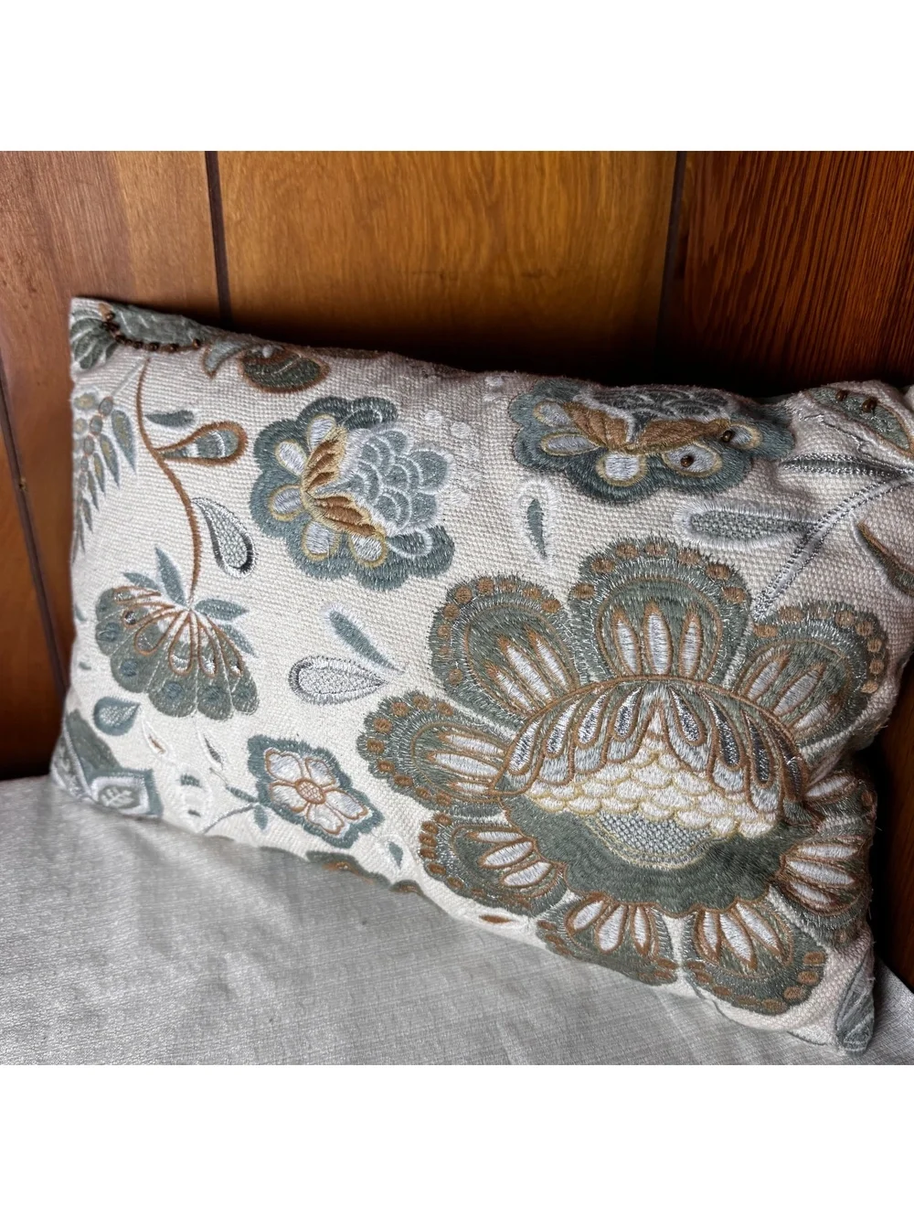 Pier 1 Embroidered Floral Lumbar Pillow Blue Green Brown 18x11 Cottage Decor
